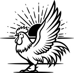 Line art illustration of a rooster with sun rays for farm animal concept. Graphic vector design for logo, banner or emblem
