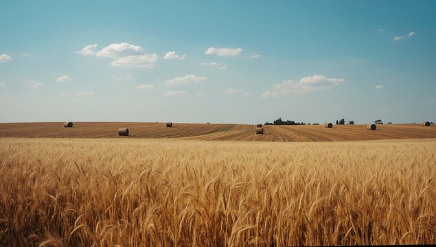 Wide-angle shot of a harvested field featuring wheat stubble, stacked hay bales, and striped patterns - Powered by Adobe