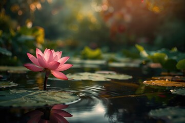 Naklejka premium Monet-style pink lotus in a lush garden with water and vibrant greenery