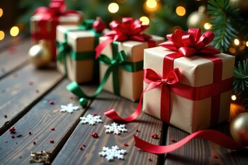 Wrapped Christmas gifts, festive ribbons & bows on wooden table Snowflakes & decorations Copy space , flat lay, festive, winter holiday
