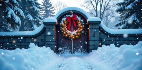 Frozen gate, Christmas wreath, heavy snowfall , photograph, still life