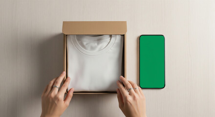 Folded t-shirts in box with green screen smartphone beside