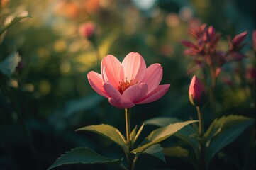 Fototapeta premium Blooming Pink Asoka Blossom Amidst Garden Scenery