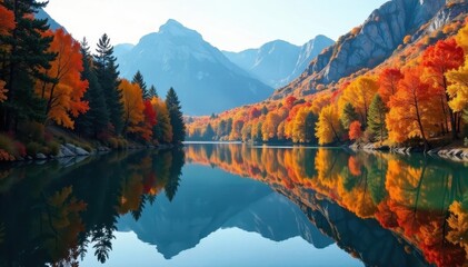 Mirror-like lake surface, showcasing vivid fall foliage reflections , birch, colorful