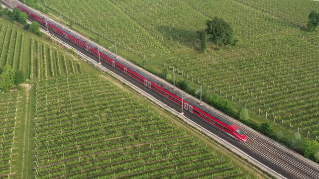 red train,frecciarossa 1000,aerial view,speed,red high-speed train,two trains,top view,italian trains,frecciarossa,two trains towards each other,two red trains,a diagonal,vineyard,red train aerial vie