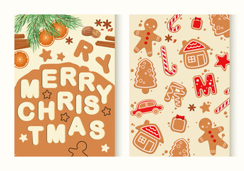 A set of holiday posters with sweets. Gingerbread cookies. Vector.