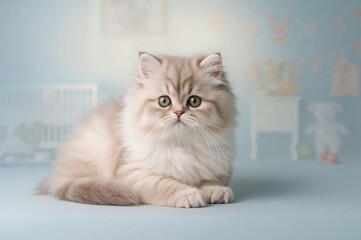 Blue backdrop featuring a Persian kitten alone
