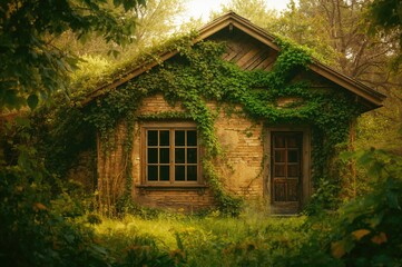 Fototapeta premium Summer scene of a vine-covered home surrounded by lush greenery and natural foliage