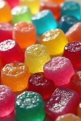 Pile of glistening rainbow gummies, sugar crystals sparkling , sugary sweets, colorful, food