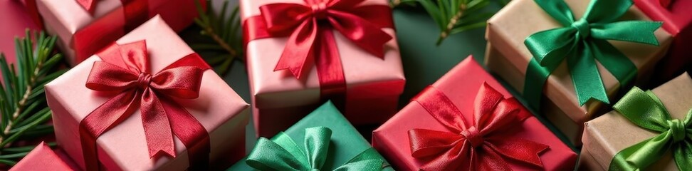 Colorful presents, red ribbons, green bows, festive arrangement, delight, presents, green