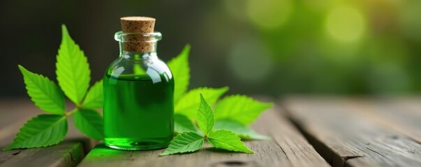 Dark green neem oil in clear glass bottle on wood , wood, ingredient