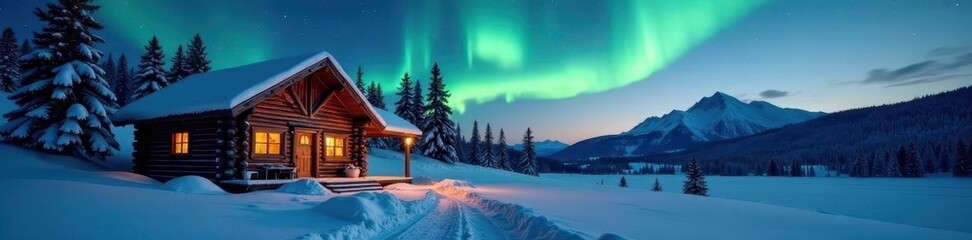 Rustic log cabin, winter wonderland, dancing aurora , trees, quiet, tranquil