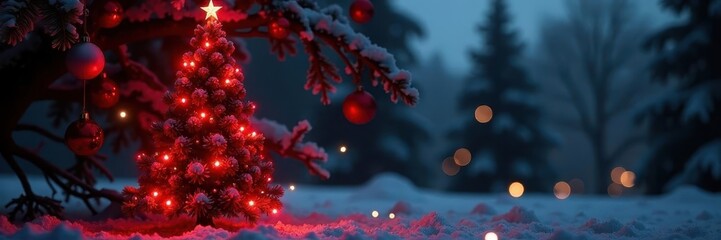 Tall, slender tree sparkling with numerous deep red ornaments , sparkling, design, winter