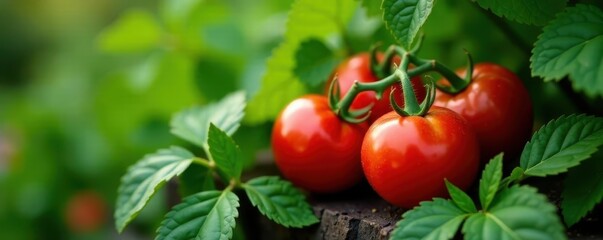Deep red heirloom tomatoes and lush green foliage, harvest, cooking, green