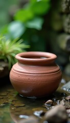 Rustic clay water pot, cool water, earth elements, earth, natural, eco-friendly