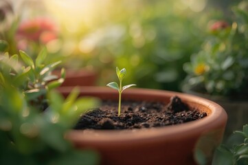 Gardening outdoors featuring tiny seedlings in containers