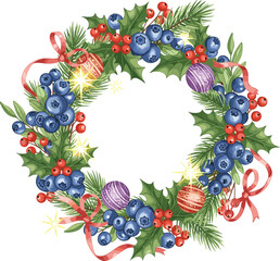 Festive Blueberry Wreath with Holiday Décor in Watercolor Illustration.