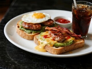 Avocado toast with crispy bacon , fried egg , cheesy sausage topped with ketchup & mustard + iced cola