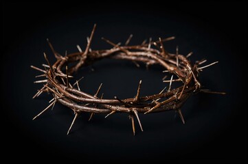 Obraz premium A detailed view of a thorny wreath crafted from gnarled, brittle twigs with pointed spikes, representing pain and devotion in Christian faith.