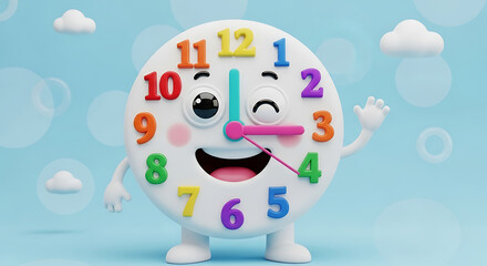 A cartoon clock character with colorful numbers and a smiling face, winking and waving against a blue sky with clouds.