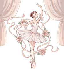 Graceful Ballerina with Floral Stage Elements in Watercolor Style.