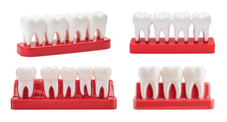 Dental model of white teeth on red plastic base isolated