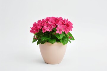 Fototapeta premium Pink geranium planted in a white pot against a plain backdrop