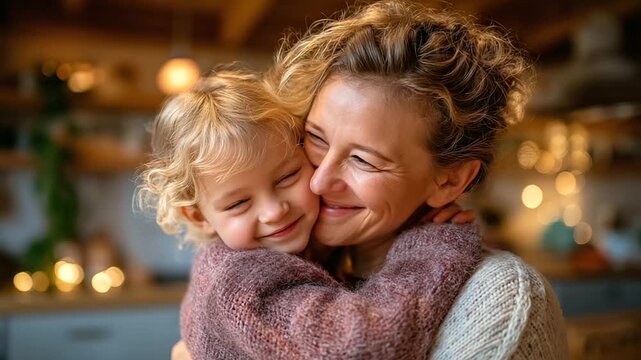 Young girl and her mom sharing a heartfelt hug in a homey kitchen, mother daughter love moment, family affection home, maternal bond cuddle, parent child tenderness, with copy spac