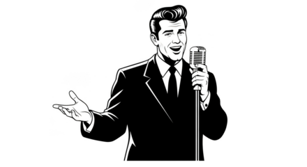 Singer outlined in vibrant colors crooning into a classic mic