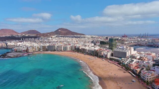 Las Palmas de Gran Canaria, Canary Islands, Spain: Aerial view of one of capital cities of Canary Islands, famous beach Playa de Las Canteras - landscape panorama of  Atlantic Ocean islands from above