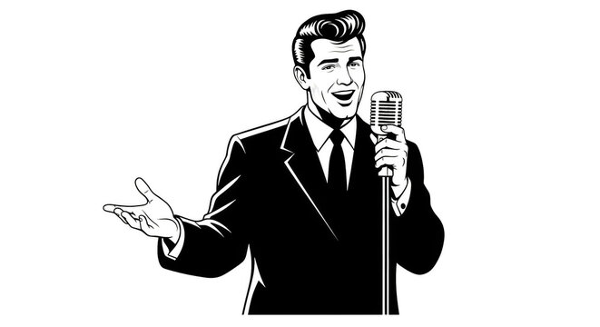 Singer outlined in vibrant colors crooning into a classic mic