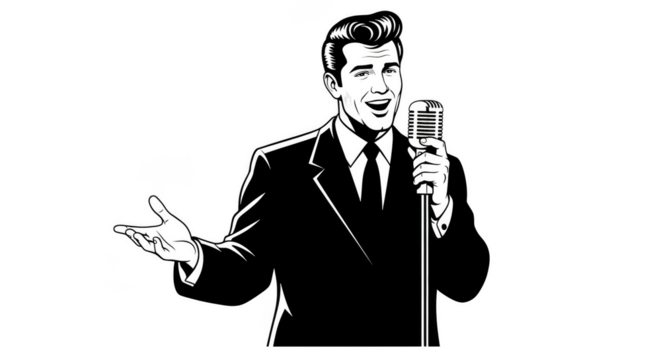 Singer outlined in vibrant colors crooning into a classic mic - Powered by Adobe