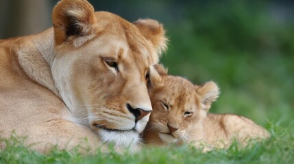 A mother lion and her playful cub rest together in a peaceful setting. Their bond is strong and heartfelt. This beautiful image captures a tender moment in nature. AI