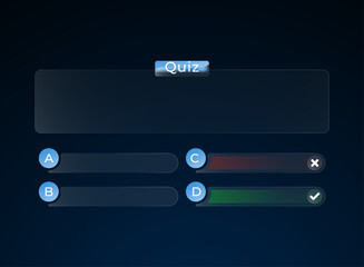 Glassmorphism horizontal quiz UI template with question panel, answer options A B C D, correct and wrong marks, clean modern transparent game screen design © didik