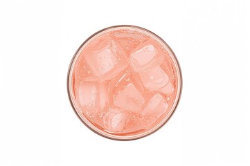 Fototapeta na wymiar Overhead perspective of a pink soda beverage with ice cubes in a glass, isolated on a white backdrop with clipping path.