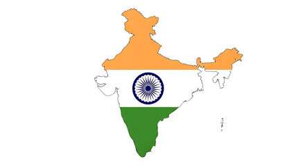 Map of india with the indian flag isolated on transparent background the map is orange, white and green, with a blue chakra in the center the map is detailed and accurate, showing the countrys borders