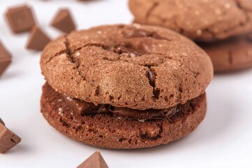 Detailed view of handcrafted chocolate sandwich cookies on a plain white backdrop
