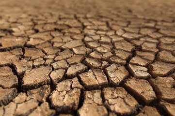 Aerial perspective of parched earth with fissures under extreme heat conditions. Water scarcity in farmland. Illustration of climate change effects.