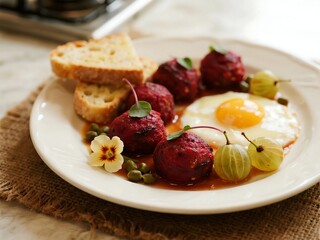 Roasted beets finely diced, tossed in  blood orange juice, white balsamic vinegar, olive oil, and seal salt. The faux egg yolk is a gooseberry gel sphere. Served with crispy Parmesan toast