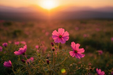 Obraz premium Cosmos flowers in shades of pink blossoming under the glow of a setting sun