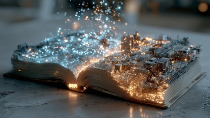 Open book with glowing cityscape emerging from pages, showcasing intricate details and vibrant colors, symbolizing imagination and creativity in storytelling