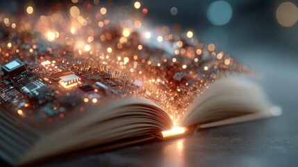 Open book with glowing circuitry and vibrant lights, symbolizing the fusion of technology and knowledge, creating a captivating visual narrative of innovation and imagination
