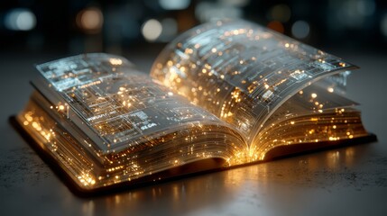 Open book with glowing pages, showcasing intricate patterns and sparkling lights, creating a magical atmosphere of knowledge and imagination in a dimly lit environment