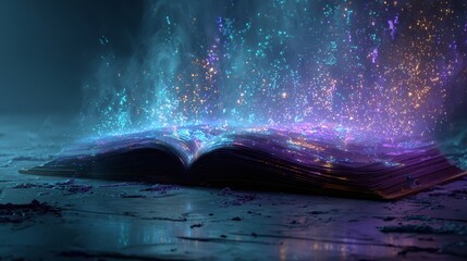 Open book with glowing magical particles emerging from pages, creating an enchanting atmosphere, showcasing the beauty of imagination and storytelling in a mystical setting