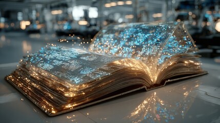 Open book with glowing digital text and sparkling particles, showcasing a blend of traditional literature and modern technology in a futuristic environment
