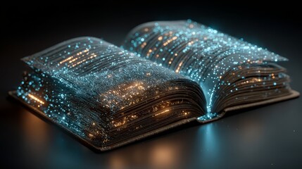 Open book with glowing particles emanating from pages, creating a magical atmosphere, symbolizing knowledge, imagination, and creativity in a captivating visual representation