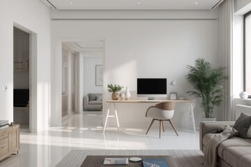 Fototapeta premium Living area featuring a workspace with a computer and comfortable chair