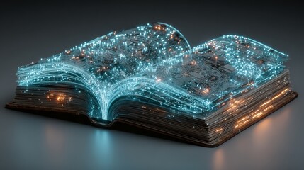 Open book with glowing circuits and digital particles, representing the fusion of technology and knowledge, illustrating the concept of digital learning and innovation in education