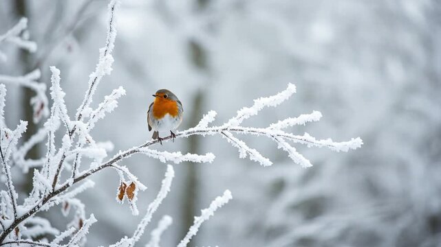 Winter scene a european robin perched on a frost covered branch