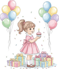Sweet Little Girl with Cupcake in Birthday Party Setting.